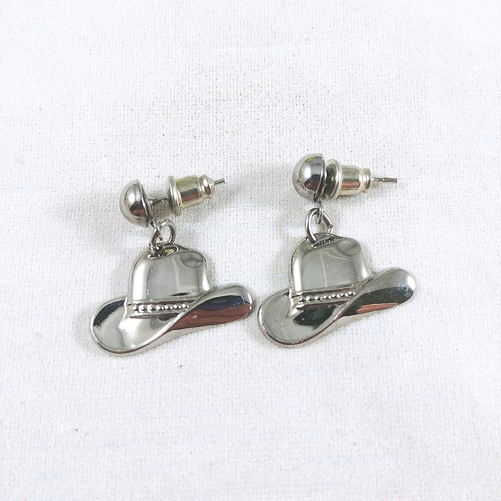 Silvertone cowboy cowgirl hat earrings